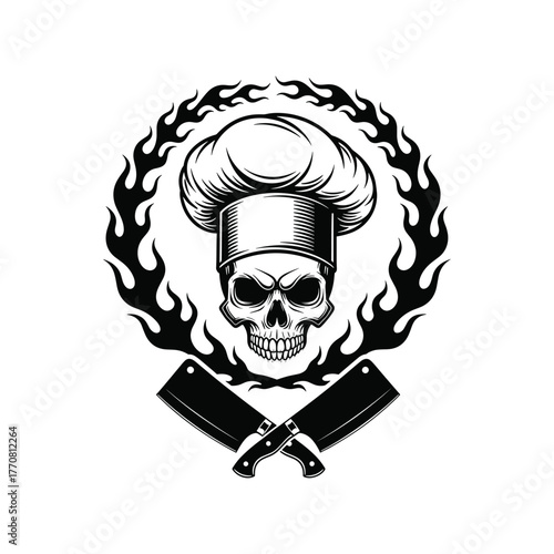 Skull wearing chef hat with crossed cleavers and flames knives