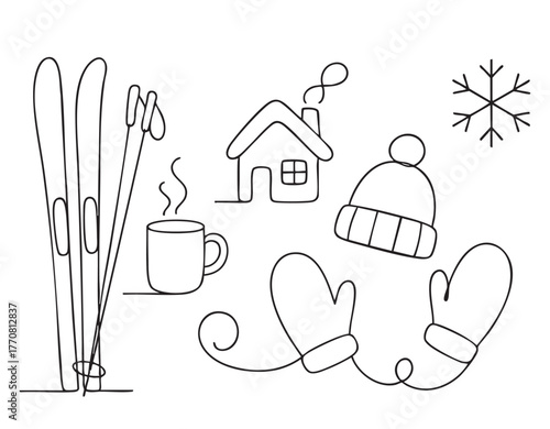 winter line art: skis, house, snowflake, mittens clip art preview