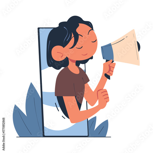 Woman with Megaphone Look Out from Smartphone Screen Vector Illustration