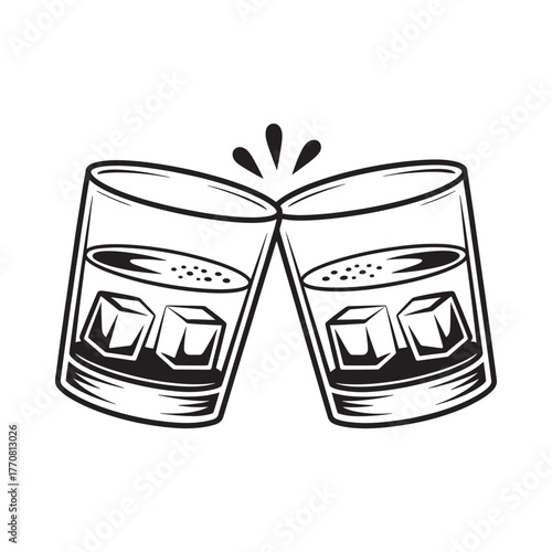 Foto Two glasses of whiskey with ice clinking together in a toast celebration