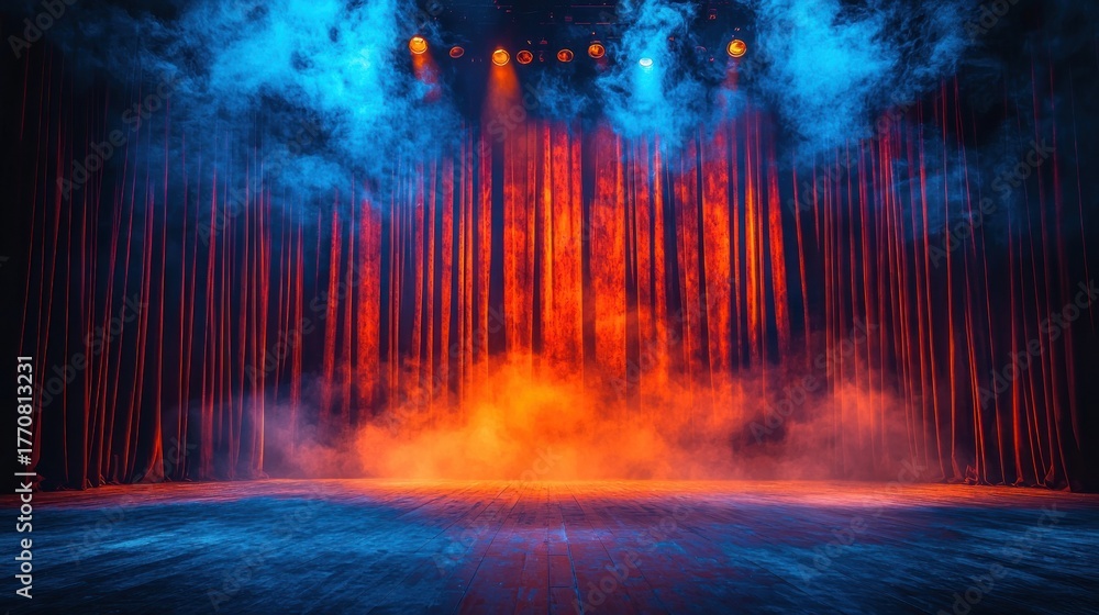 Fototapeta premium Empty stage with dramatic red curtains, lit by orange and blue spotlights and smoke