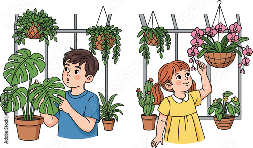Happy diverse children boy and girl learning about nature in a sunny greenhouse, exploring orchids, ferns, and tropical plants, educational field trip.