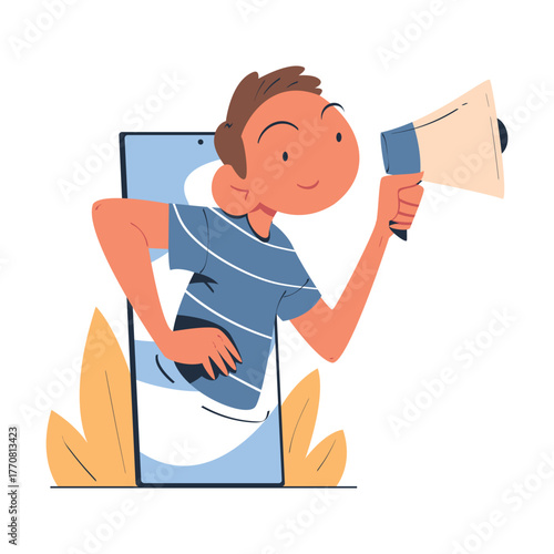 Man with Megaphone Look Out from Smartphone Screen Vector Illustration