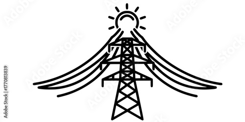Power Grid Pylon Connected to Sun Energy Line Art Vector