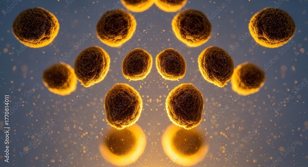 Naklejka premium Golden microscopic spheres float and glow in a blue-lit, particle-filled environment