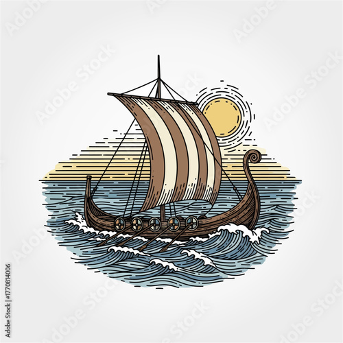 Viking longship sailing on the ocean waves at sunset.