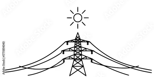 Power Grid Pylon Connected to Sun Energy Line Art Vector