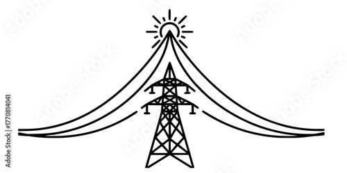 Power Grid Pylon Connected to Sun Energy Line Art Vector