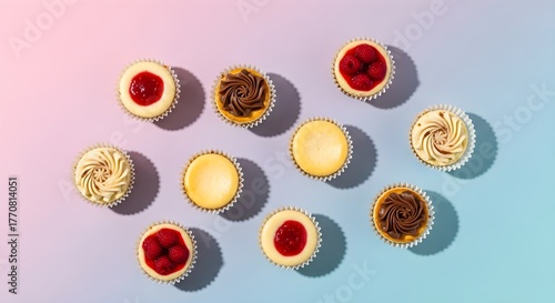 An assortment of mini cheesecakes with various toppings like raspberries, chocolate, and swirls, beautifully arranged on a pastel gradient background for a delightful and colorful dessert display.

