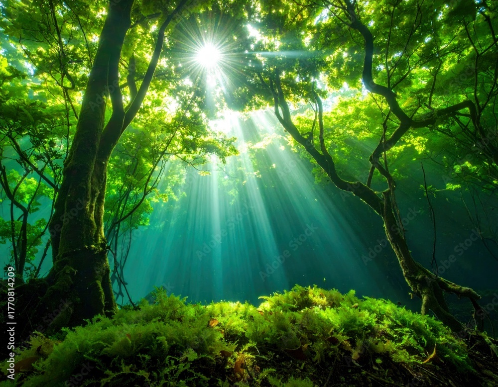 Fototapeta premium Sunlight Through Forest Canopy - A Serene Natural Scene.