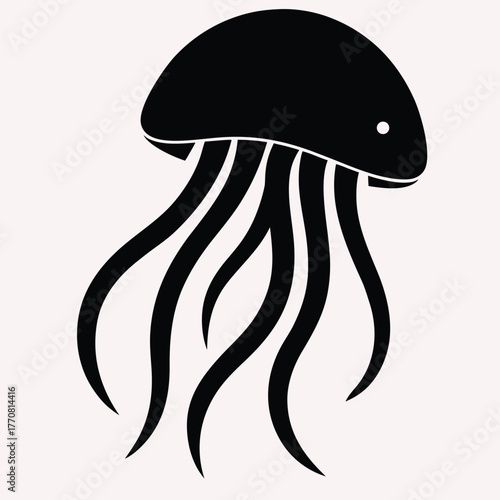 Black jellyfish silhouette with soft curved lines isolated on white background