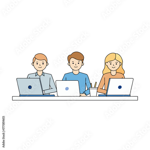 Three people working on laptops silhouette isolated on white background
