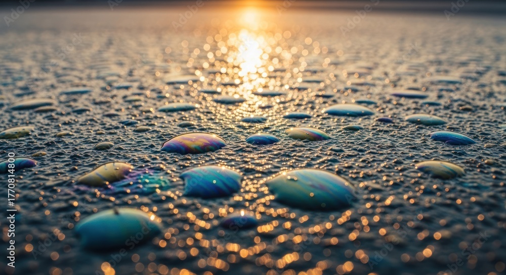 Fototapeta premium Iridescent water droplets on a wet dark surface glow with a golden sunset reflection
