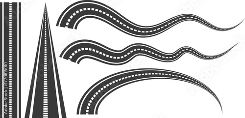 Curved and straight road vector set – highway path and street lane illustration with dotted line, asphalt design for map, city transport, and navigation projects