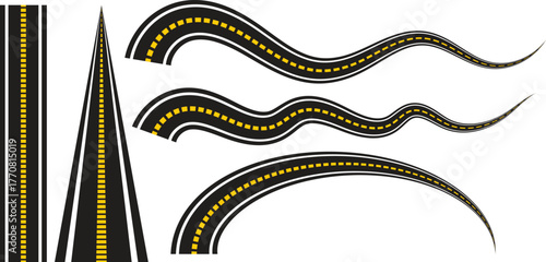 Curved and straight road vector set with yellow dashed line – realistic asphalt highway and street path illustration for city map, transport route, and navigation design projects