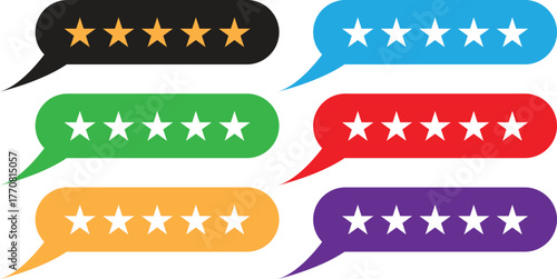 Colorful 5 star rating chat bubble icons vector – multicolor feedback and review symbols set for app UI, website design, and testimonials