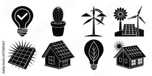 Collection of eco friendly energy icons in a distinctive silhouette style