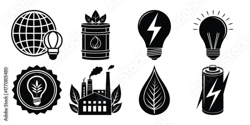 Collection of eco friendly energy and sustainability icons in silhouette style