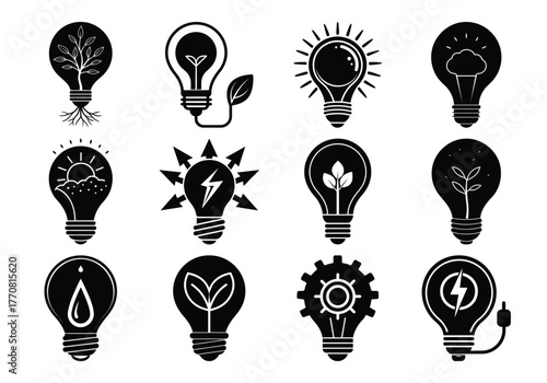 Collection of twelve diverse eco friendly light bulb icons in a striking silhouette style
