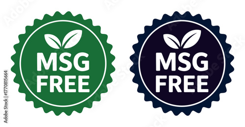Two round labels with the text MSG FREE and two green leaves.