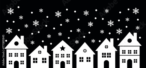 Row of white houses under falling snowflakes on a black background.