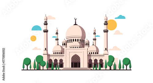 Minimalist vector illustration of a majestic mosque with its iconic domes, towering minarets, and lush surrounding trees under a bright sky.