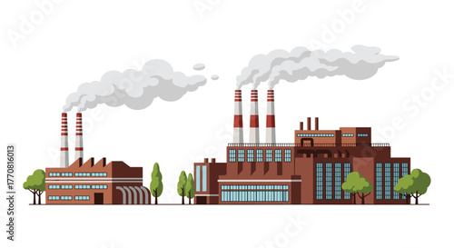 Industrial factories with multiple smoking chimneys release plumes into the sky, depicting air pollution and environmental issues in a modern vector illustration.