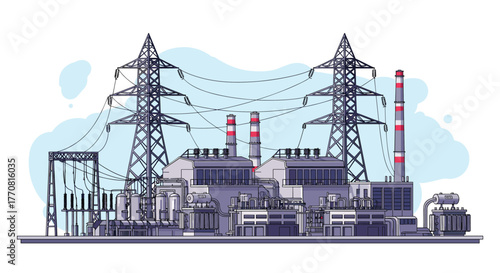 Industrial power plant complex with high-voltage electricity transmission towers and power lines, symbolizing energy production and infrastructure.