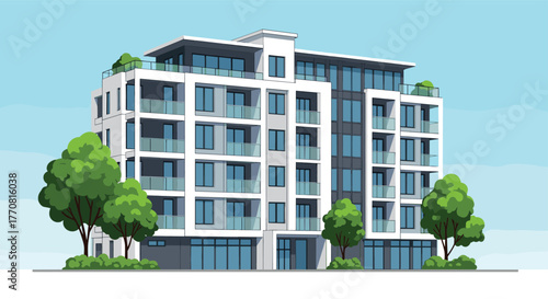 Modern apartment building with white facade, glass balconies, large windows, and green landscaping against a bright blue sky.