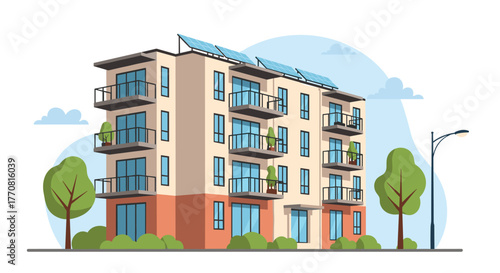Modern multi-story apartment building with solar panels and balconies, showcasing sustainable urban living architecture.