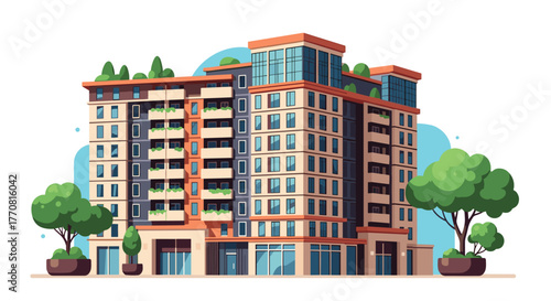 Modern multi-story apartment building illustration, featuring residential units with balconies, green elements, and ground-floor businesses.