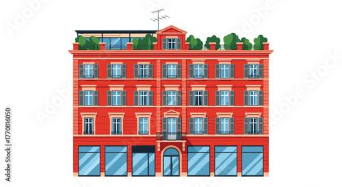 A vibrant red multi-story European building, showcasing classic architecture with shuttered windows, ground-floor retail, and a modern rooftop garden.