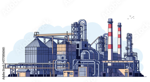 Detailed illustration of a large industrial factory with silos, smokestacks, and intricate piping against a clear sky, representing energy and production.