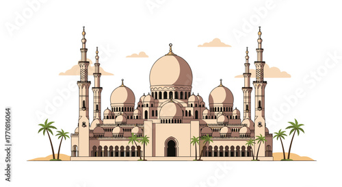 Grand mosque with multiple domes and minarets, set against a white sky with palm trees, illustrating Islamic architecture.