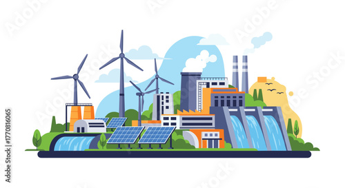 Clean and traditional energy production illustrated in a landscape featuring wind turbines, solar panels, a dam, and industrial factories.