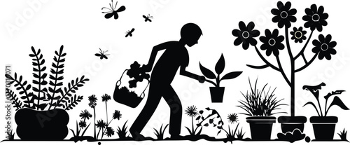 Black Silhouette of Person Gardening with Plants and Flowers on White Background