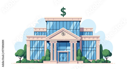 A modern financial institution building featuring classical columns, large glass windows, and a prominent dollar sign on the roof.