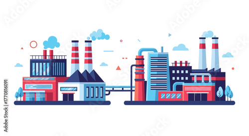 Modern flat design illustration of an industrial complex with factories, smokestacks, and connected buildings, representing manufacturing and production.