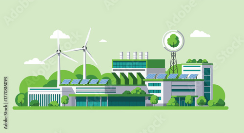 Modern green city complex with solar panels, wind turbines, and lush landscaping, illustrating sustainable architecture and renewable energy solutions.