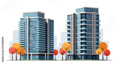 Modern high-rise residential buildings with glass facades and balconies, surrounded by autumn trees and a city skyline backdrop on a bright day.