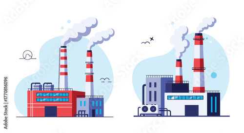 Industrial factories with smoking chimneys releasing emissions into the atmosphere, symbolizing environmental pollution and industrial impact.