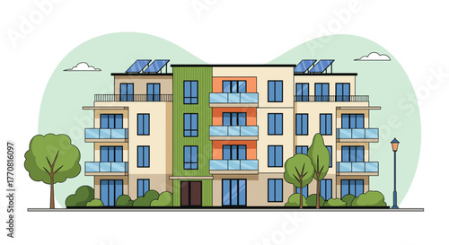 Modern residential building with solar panels, balconies, and green landscaping, representing sustainable urban housing.