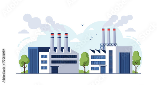 Industrial landscape featuring two modern factories with smoking chimneys, illustrating manufacturing, production, and environmental impact.