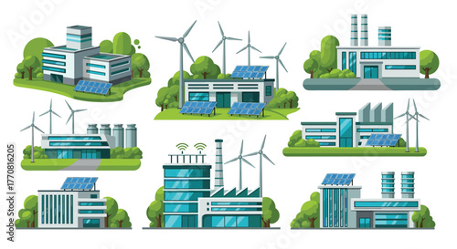 Various sustainable factories and industrial buildings featuring wind turbines and solar panels for clean energy generation.