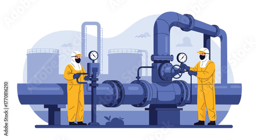 Two industrial workers in protective gear are operating valves and monitoring gauges on a large pipeline system at an industrial facility.