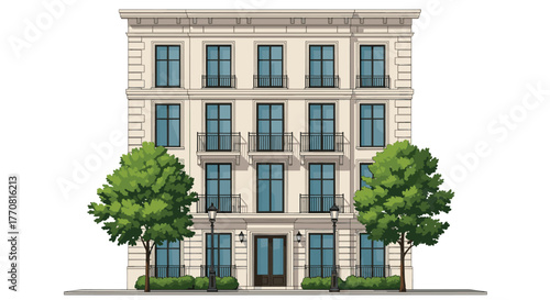 An elegant, four-story classic apartment building featuring balconies, trees, and street lamps, presented as a clean illustration.