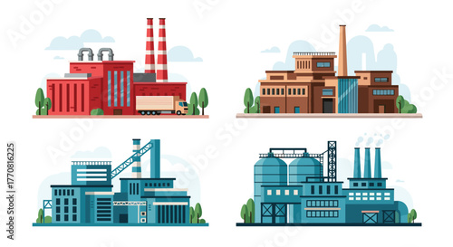 A collection of modern flat-design illustrations showcasing various industrial factory buildings and manufacturing plants, emphasizing production and logistics.
