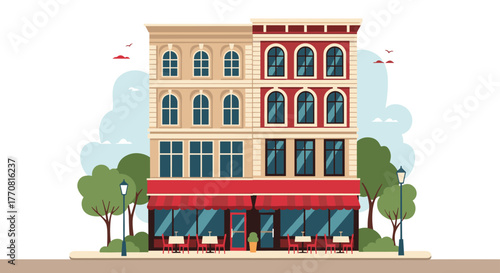 Colorful illustration of two classic buildings with lively ground-floor cafes, red awnings, outdoor seating, trees, and streetlights.