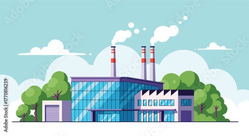 A modern industrial factory with multiple sections, tall smokestacks emitting white smoke, surrounded by lush green trees under a clear blue sky.