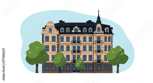 An illustrated classic European apartment building with ornate details and trees against a soft blue background, showcasing urban architecture.